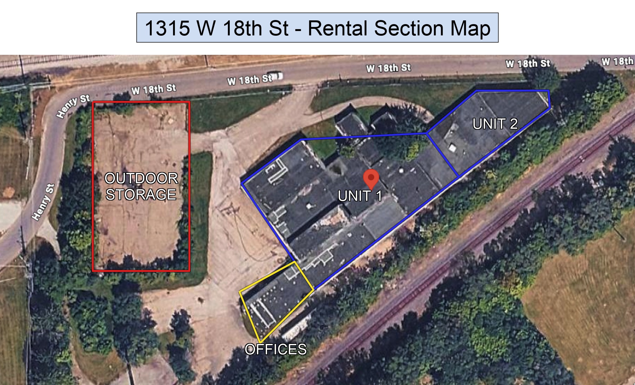Rental section map of 1315 W 18th Street showing Units 1-2, the offices and outdoor storage