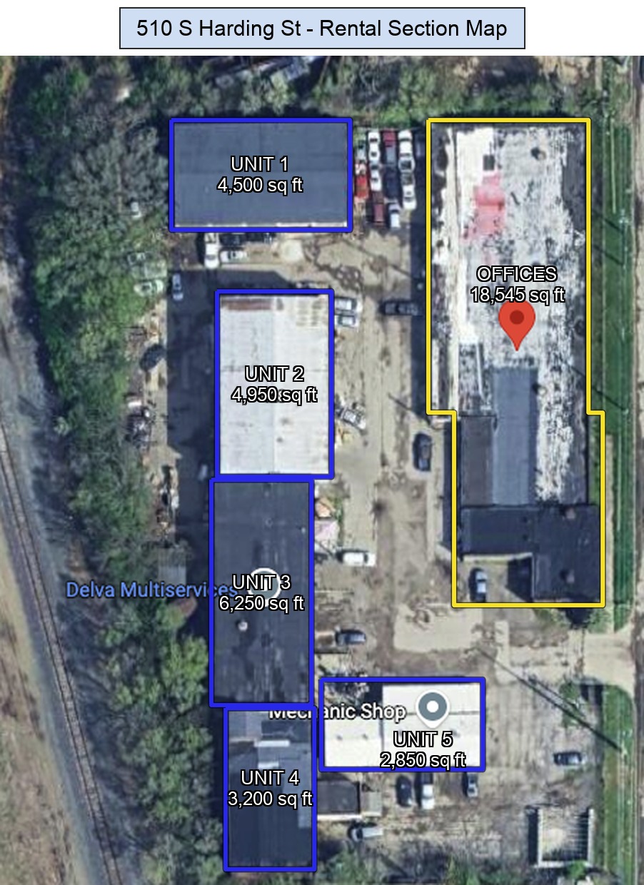 Rental section map of 510 South Harding Street showing Units 1-5 and the offices