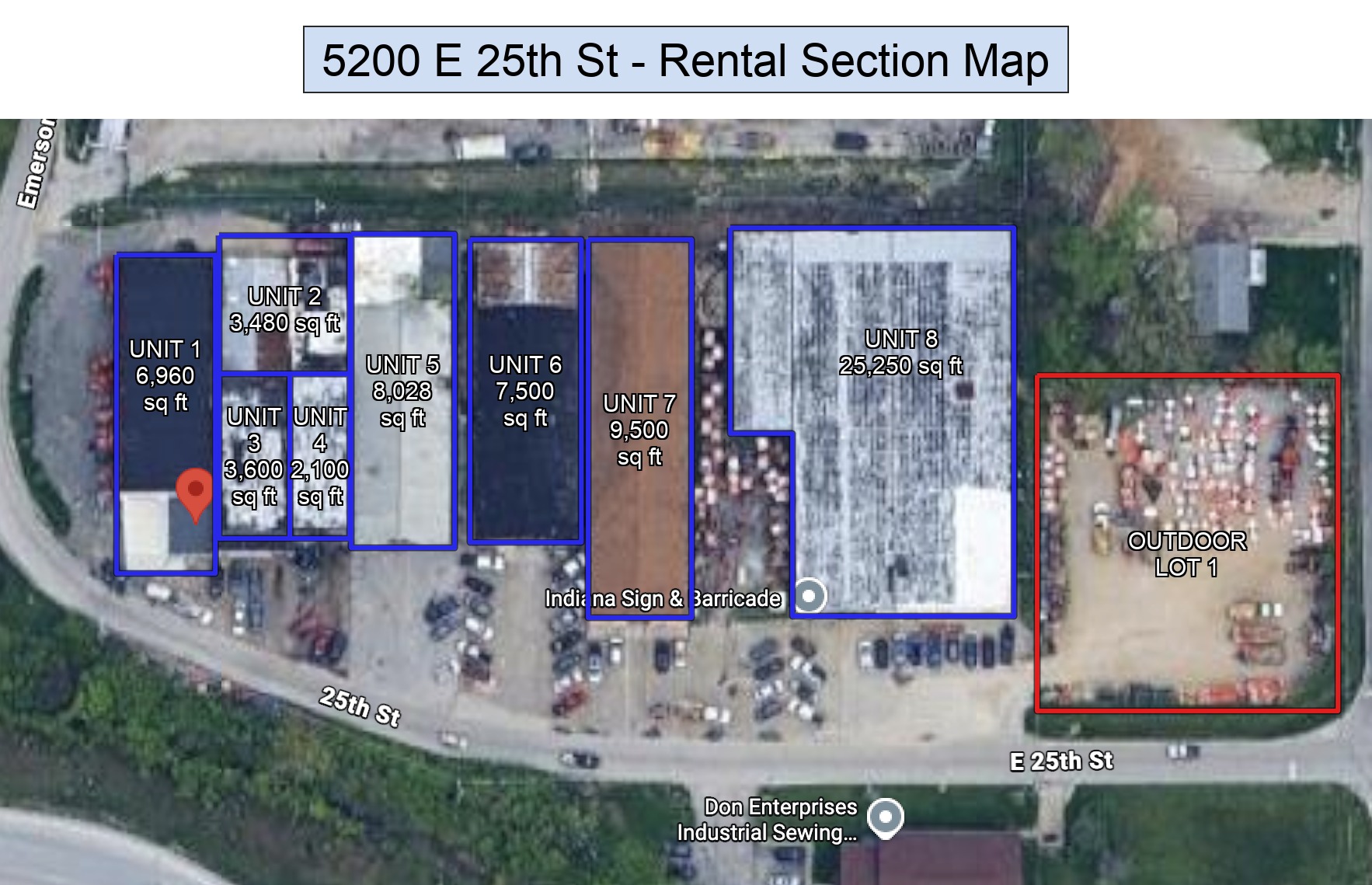 Rental section map of 5200 East 25th Street showing Units 1-8 and Outdoor Lot 1