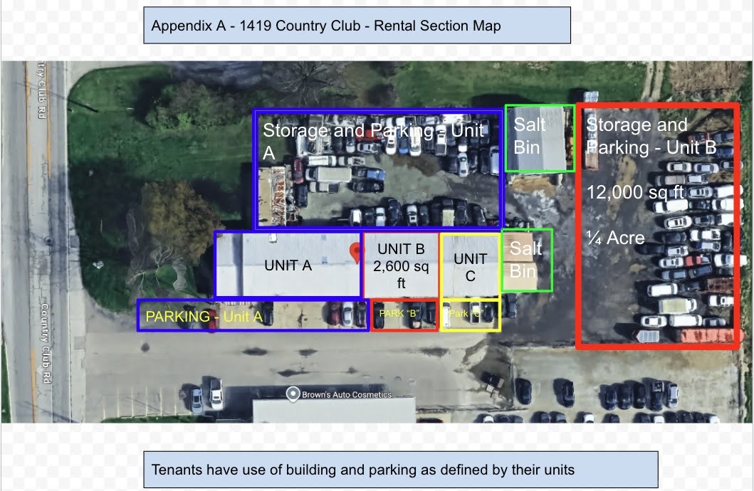 Aerial rental section map of 1419 Country Club Road showing Units A, B and C, parking, salt bins and storage yards