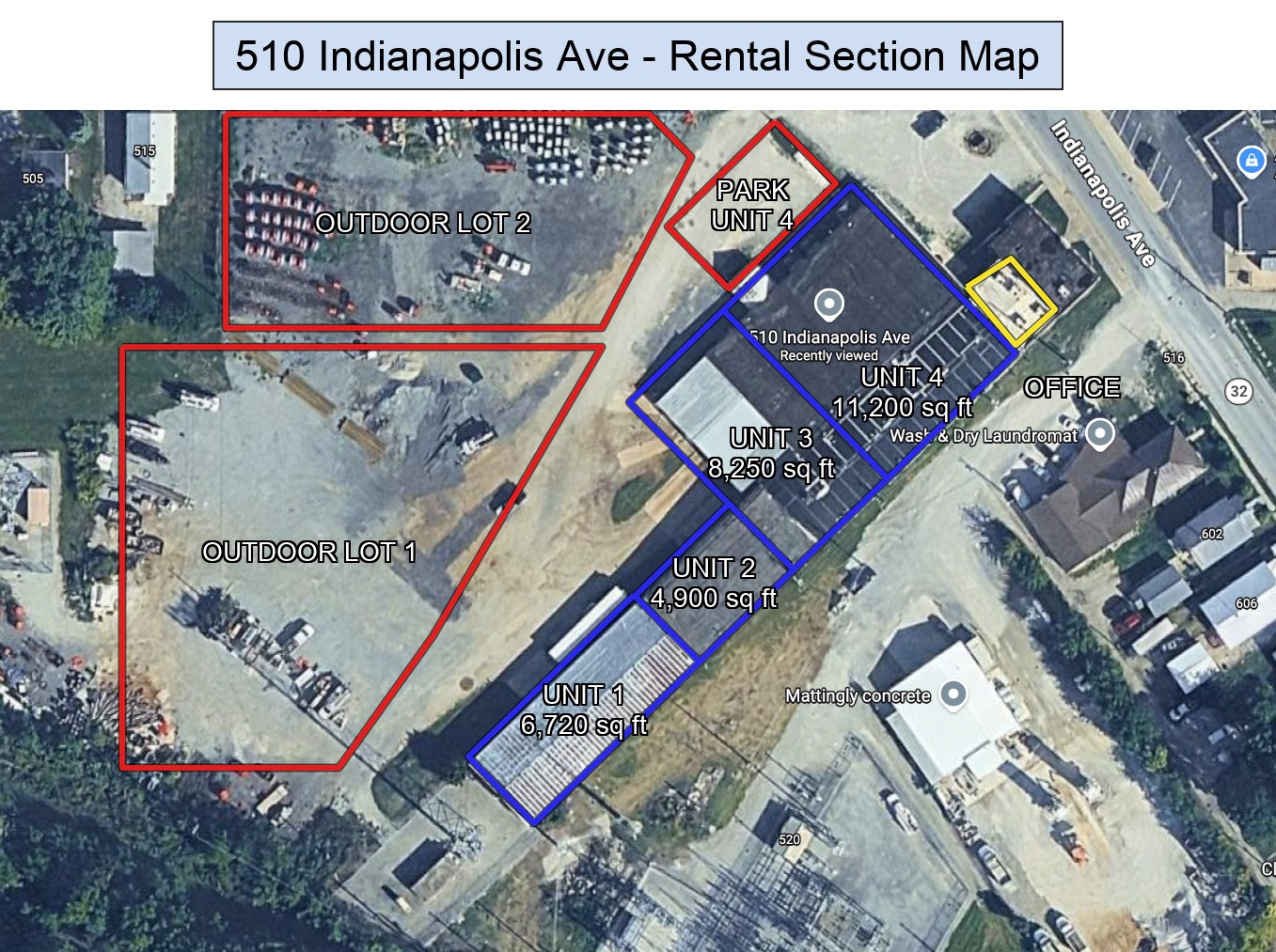 Rental section map of 510 Indianapolis Avenue showing Units 1-4, the office and outdoor lots