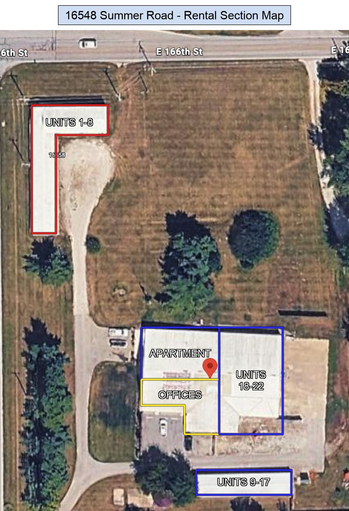 Rental section map of 16548 Summer Road showing Units 1-22, the apartment and offices